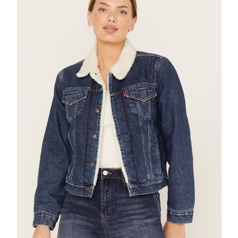 Dark Blue Sherpa-Collar Denim Jacket - Women